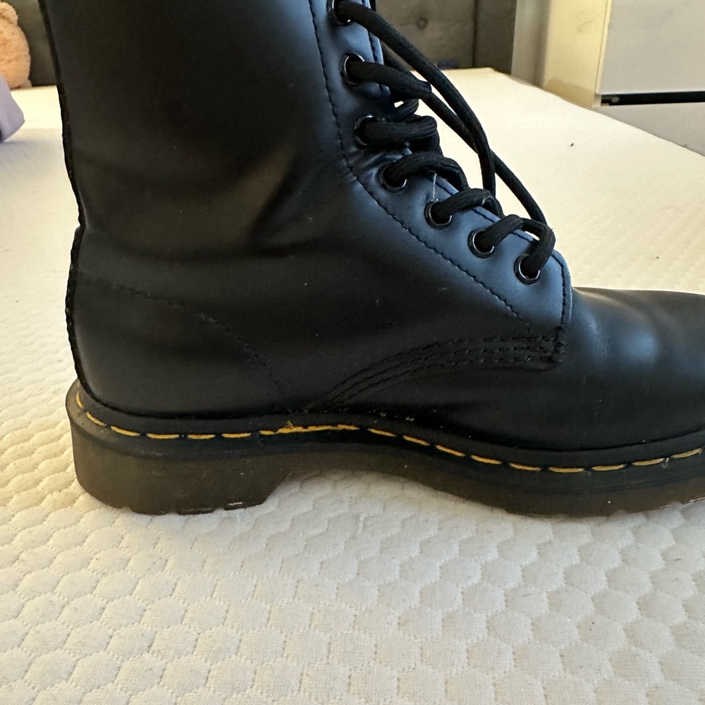 Dr. Martens Black Leather Lace-Up Combat Boots with Yellow Stitching